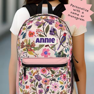 Sac à dos personnalisé fleurs sauvages, imprimé botanique avec nom | Sac à dos floral personnalisé pour adolescente | Cartable grande capacité de 17 po pour elle