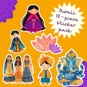 May include: A 10-piece sticker pack with a Diwali theme. The stickers feature illustrations of traditional Indian figures, a lotus flower, and the text "happy diwali". The background is a bright yellow.