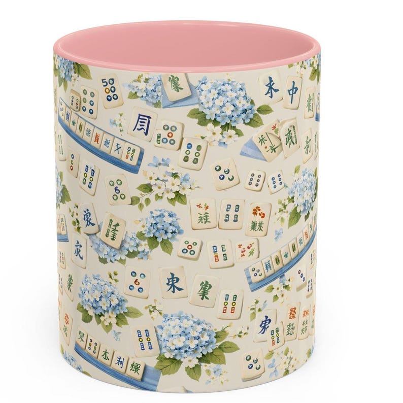 Mahjong Tile Coffee Mug Pink Floral Hydrangea | Mahjong Mom Gift | Coastal Grandmillennial Mahjong Lover Cup | Game Night Coffee Mug image 3