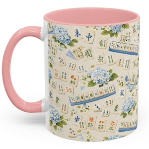 Mahjong Tile Coffee Mug Pink Floral Hydrangea | Mahjong Mom Gift | Coastal Grandmillennial Mahjong Lover Cup | Game Night Coffee Mug image 5