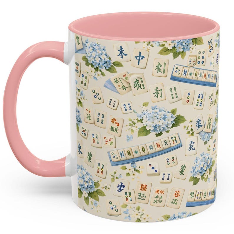 Mahjong Tile Coffee Mug Pink Floral Hydrangea | Mahjong Mom Gift | Coastal Grandmillennial Mahjong Lover Cup | Game Night Coffee Mug image 5
