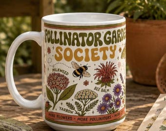 Pollinator Garden Society Mug, Native Plant Coffee Cup, Bee Lover Gift, Wildflower Gardener Mug, Hummingbird Ceramic Mug, (11oz, 15oz)