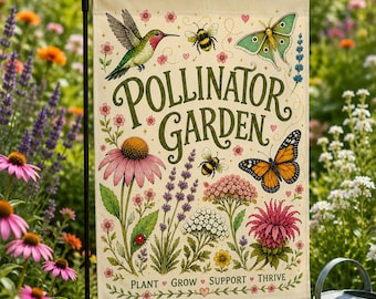 Pollinator Garden Flag, Bee Friendly Garden Decor, Native Plant Garden Flag, Hummingbird Garden Flag, Butterfly Yard Flag