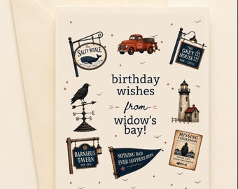 Widow’s Bay Birthday Card,  Shady Whale, Barnabus Inn, Coastal New England Birthday, TV Show Greeting Card 4x6 Blank Inside
