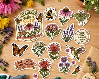 Juego de pegatinas para jardín de polinizadores / Pegatinas botánicas estilo cottagecore / Calcomanías de vinilo de plantas autóctonas, abejas, colibríes y mariposas. Regalo ideal para jardineros.