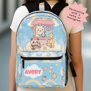 Sac à dos personnalisé en forme de lama, de panda, de lapin et de thé kawaii arc-en-ciel | Sac personnalisé grande capacité de 17 pouces | Fournitures indispensables pour la rentrée
