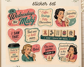 Mahjong Sticker Set | Funny Mahjong Gifts for Women | Retro Kitsch Stickers | Mahjong Girl Aesthetic | On Wednesdays We Mahj | Mahjong Lover