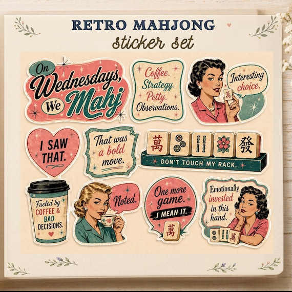 Mahjong Sticker Set | Funny Mahjong Gifts for Women | Retro Kitsch Stickers | Mahjong Girl Aesthetic | On Wednesdays We Mahj | Mahjong Lover