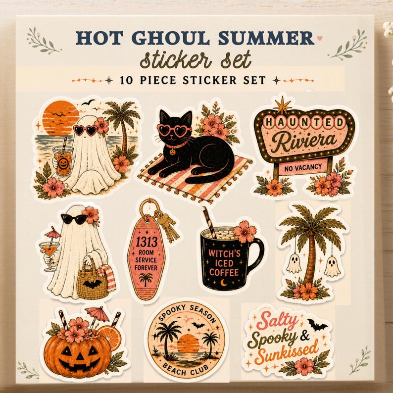 Puede incluir: Un juego de 10 pegatinas con el tema "Hot Ghoul Summer". Las pegatinas presentan ilustraciones de fantasmas, un gato negro, un letrero de hotel embrujado, una calabaza y escenas de playa. Las pegatinas tienen un estilo vintage y retro.