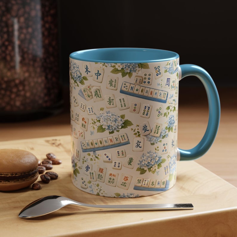 Mahjong Tile Coffee Mug Pink Floral Hydrangea | Mahjong Mom Gift | Coastal Grandmillennial Mahjong Lover Cup | Game Night Coffee Mug image 8