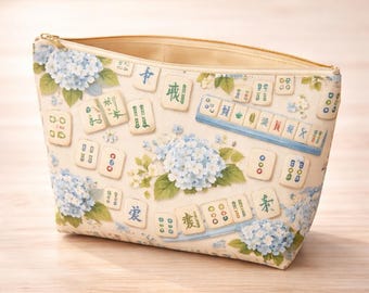Mahjong Tiles Bag Coastal Grandmillenial Travel Bag, Mahjong Lover Gift, Hydrangea Makeup Pouch, Mahjong Mothers Day Gift for Game Night