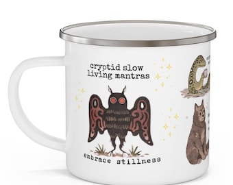 Cryptid Monsters Enamel Camper Mug 12oz | Slow Living Mug | Bigfoot Mothman Cottagecore Camp Cup Gift for Folklore GothCore Fans