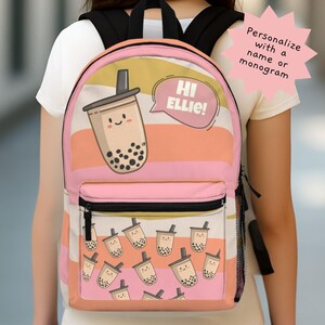 Sac à dos personnalisé Boba Tea pour préadolescents et adolescents, sac à dos rembourré grande capacité à rayures pastel de 17 po., cartable Kawaii Bubble Tea pour fille