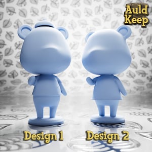 May include: Two 3D printed blue animal figurines, one wearing a hat, with the text "Auld Keep" in the background. The figurines are labelled "Design 1" and "Design 2".