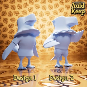 Peut inclure: Deux designs imprimés en 3D d'un oiseau bleu portant un chapeau. L'oiseau de gauche est face à l'avant, les ailes déployées. L'oiseau de droite est face à gauche, les ailes déployées. Le texte "Design 1" est sous l'oiseau de gauche et "Design 2" est sous l'oiseau de droite. L'arrière-plan est un motif de feuilles jaunes.