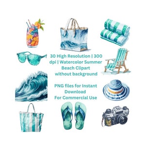 Summer Beach Clipart: 30 Watercolor Ocean PNGs (Digital Download)