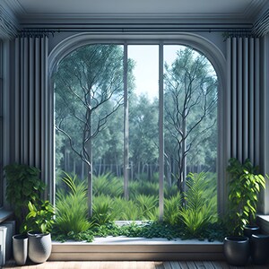 May include: A room with large windows overlooking a lush green forest. The windows are arched and have white trim. There are gray curtains on either side of the windows. There are plants in pots on the windowsill. There is a bookshelf on the left side of the room.