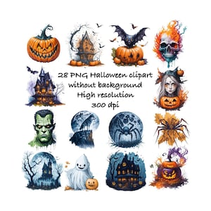 Watercolor Halloween Clipart: 28 PNG Graphics, Commercial Use (Digital Download)