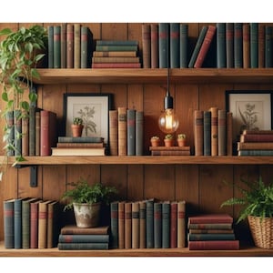 May include: A wooden bookshelf filled with vintage books in various colors, including red, blue, and brown. The shelves also feature framed botanical prints, potted plants, and a decorative globe. A light bulb hangs from the ceiling.