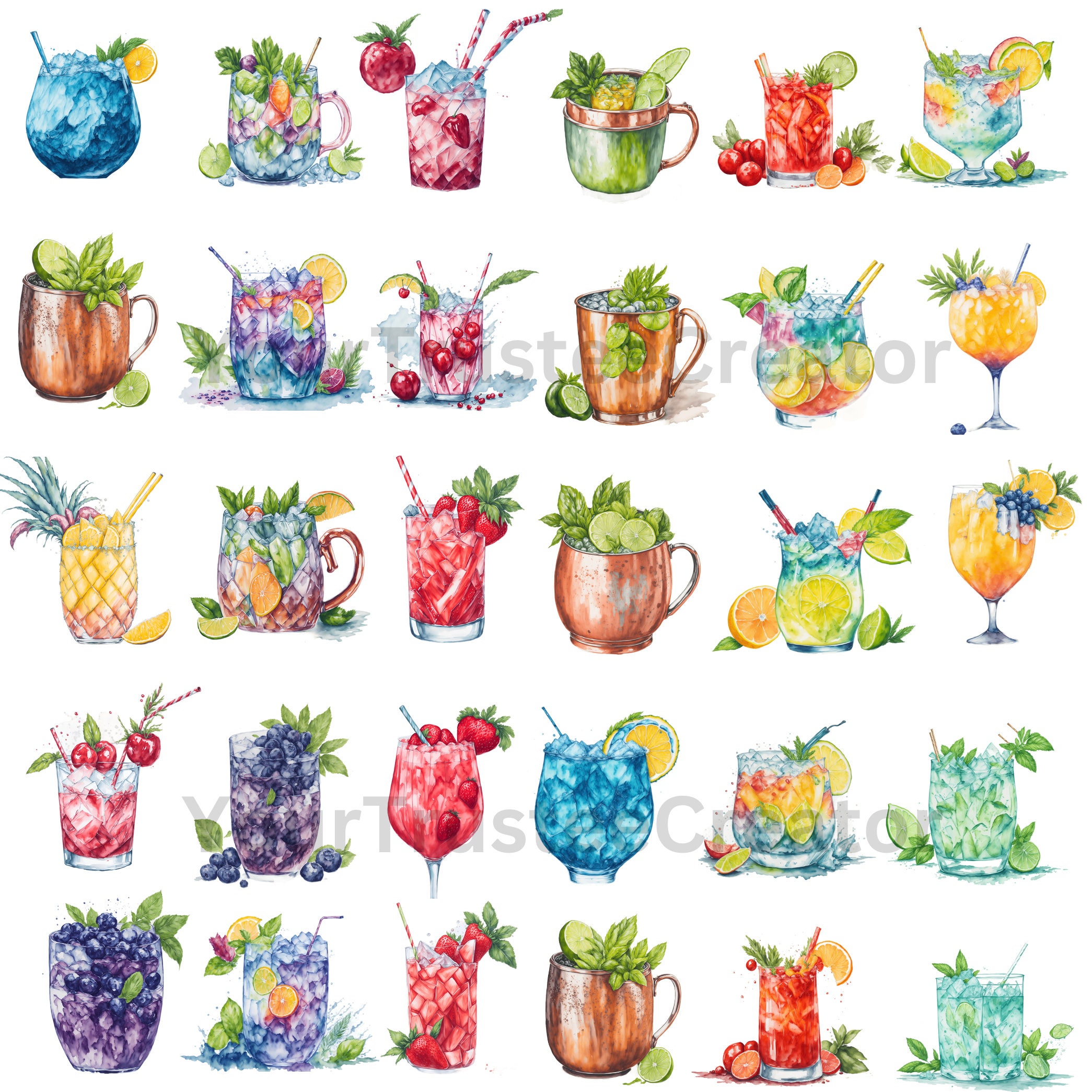 Watercolor Summer Cocktail Clipart | With & Without Background | Summer ...