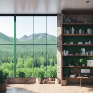 May include: A large window with a view of a lush green forest and mountains. A wooden bookshelf with green shelves is on the right side of the image. The bookshelf is filled with books and plants.