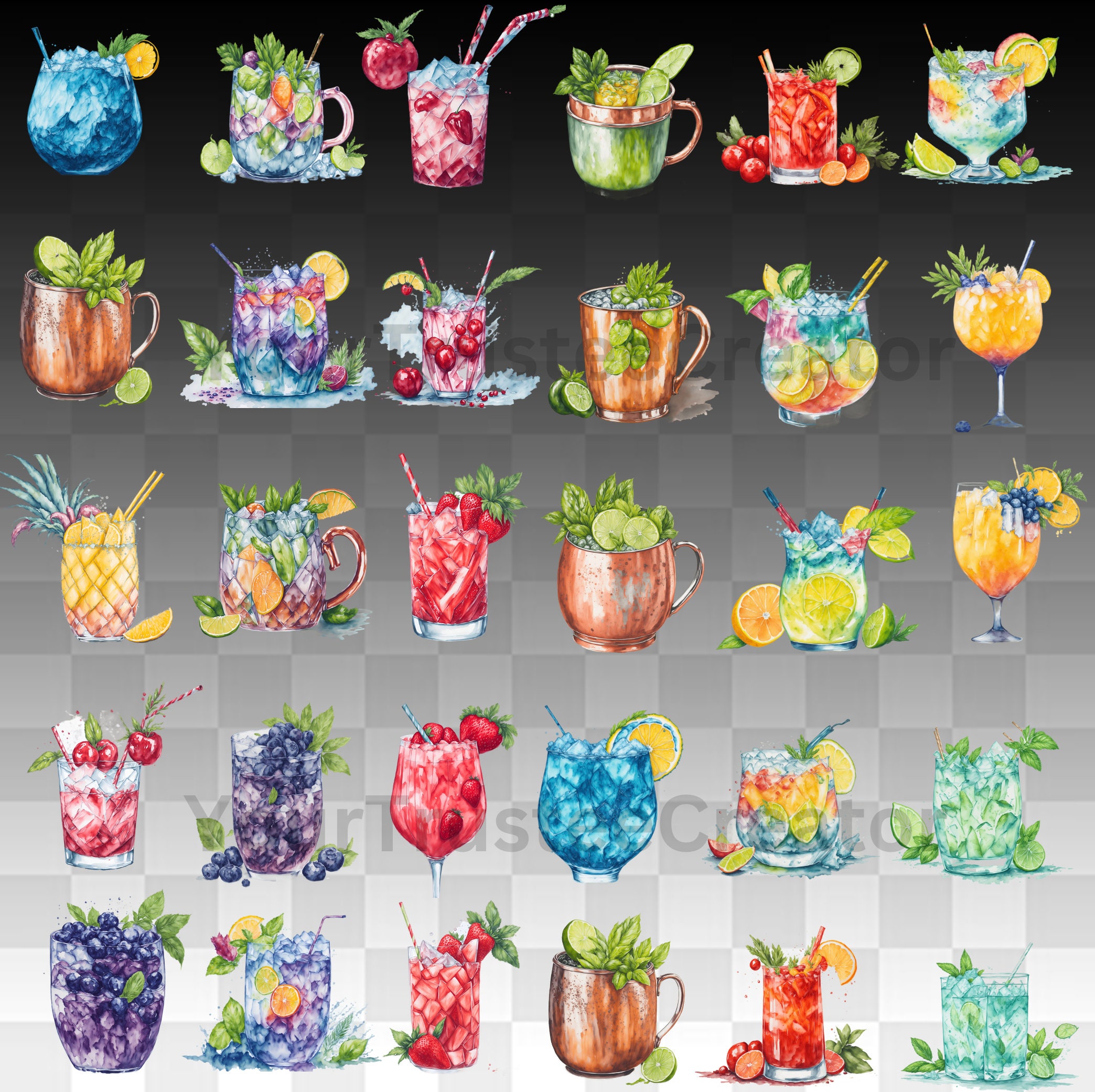 Watercolor Summer Cocktail Clipart | With & Without Background | Summer ...