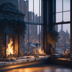 May include: A cozy living room with a stone fireplace, a roaring fire, and a large window overlooking a city skyline at night. The room is decorated with plants, candles, and books.