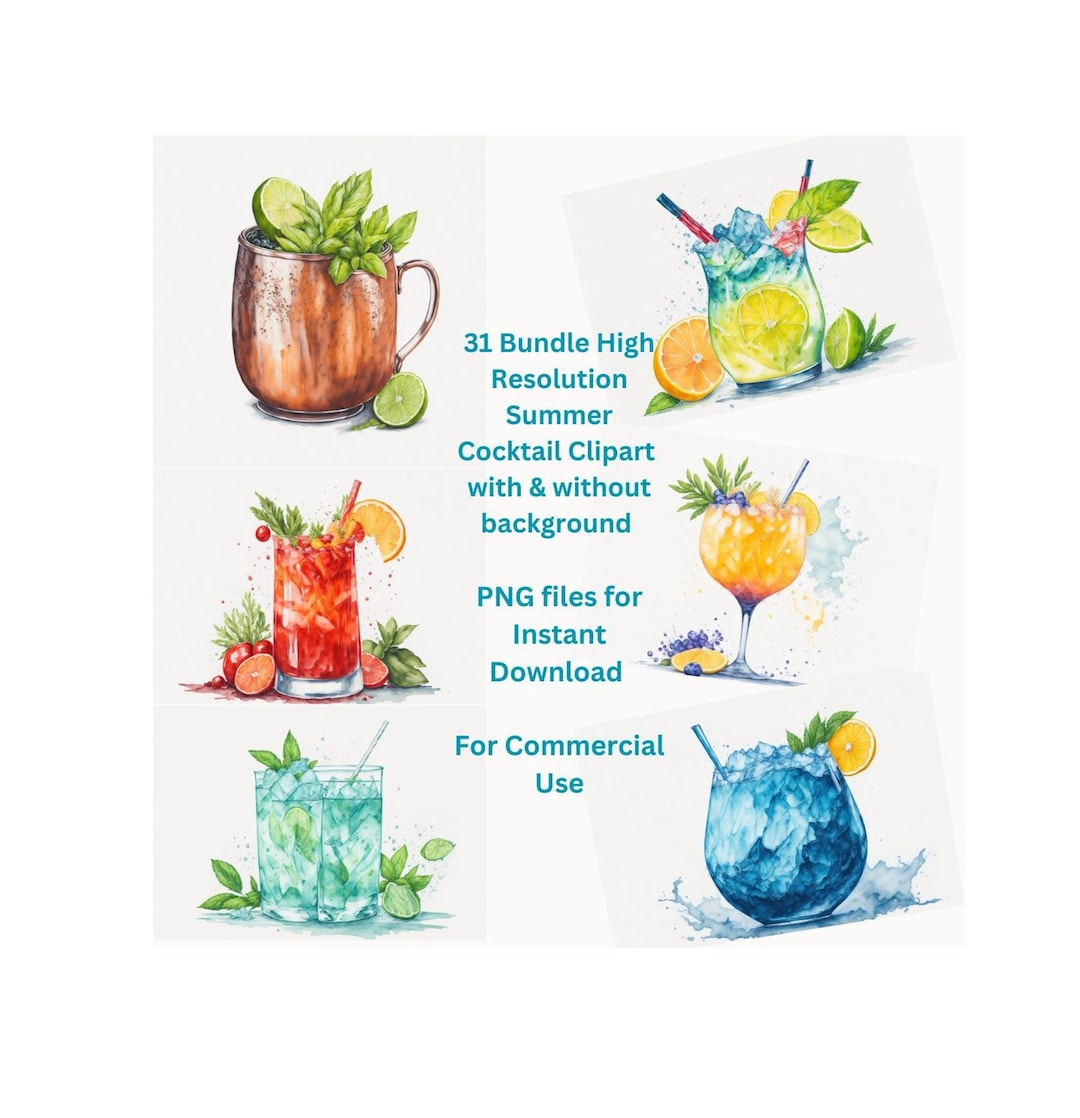 Watercolor Summer Cocktail Clipart | With & Without Background | Summer ...