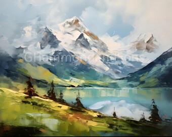 Swiss Alps Impressionistic Style Oil Painting Switzerland Digital Print ...