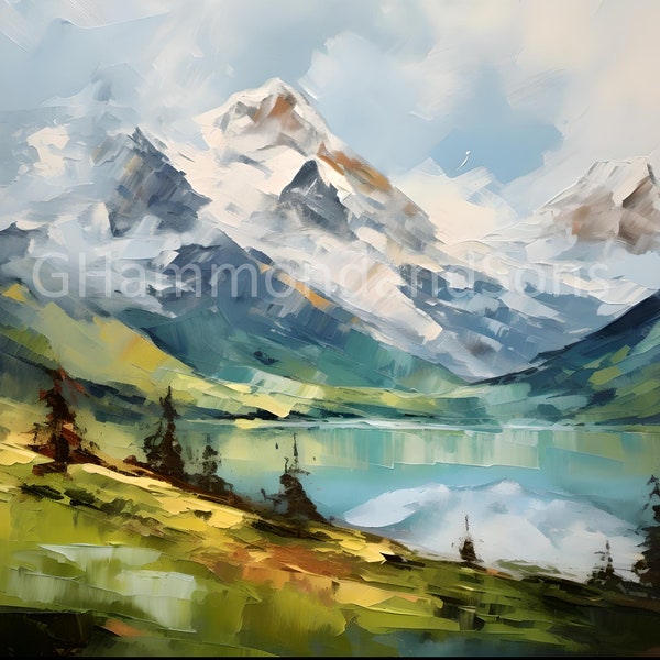Swiss Alps Impressionistic Style Oil Painting Switzerland digital print - A3 landscape - PNG file - Digital download