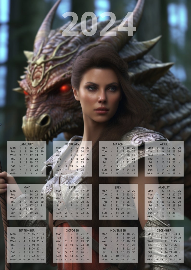 2024 A4 yearly calendar Dragon Printable Instant Etsy México
