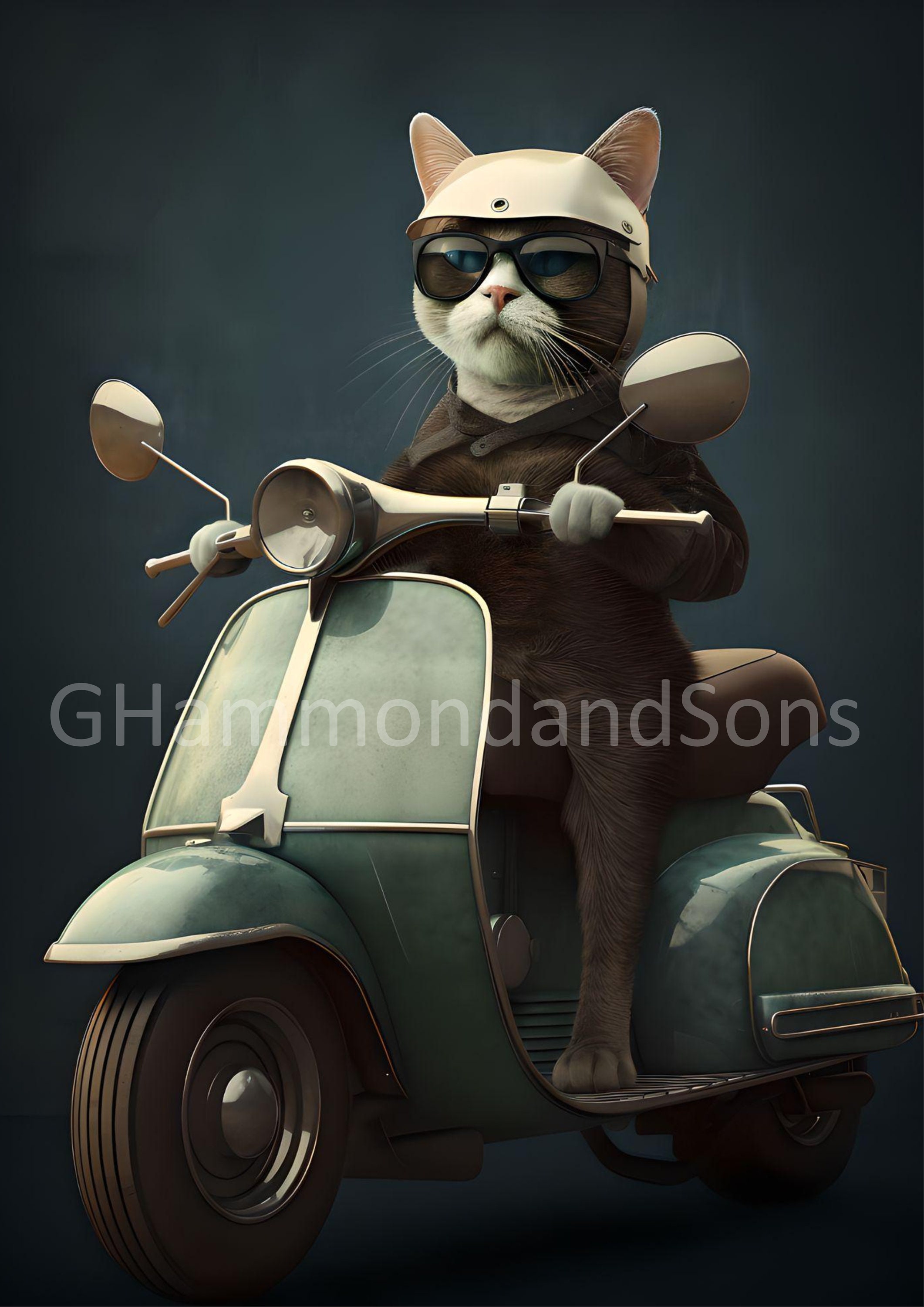 Cat Riding Moped Art Digital Print - A3 Portrait - PNG File - Digital ...