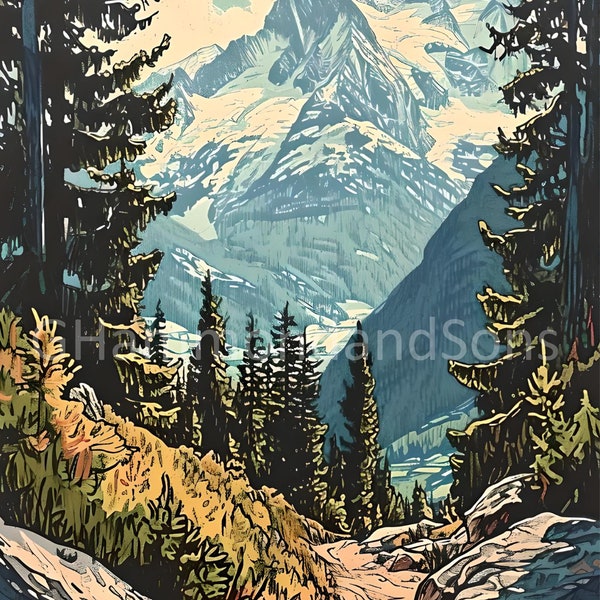 Swiss Alps Wood Block Print Style Painting Switzerland digital print - A3 portrait - PNG file - Digital download