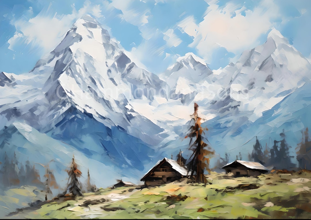 Swiss Alps Impressionistic Style Oil Painting Switzerland Digital Print ...