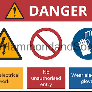 A2 size live electrical work warning sign - 3 metre viewing distance - Instant download PDF and PNG - Electrician, EV technician