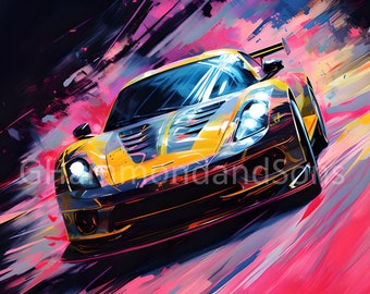 May include: Dynamic artwork of a yellow and black sports car in motion, set against a backdrop of vibrant pink, blue, and black brushstrokes. The car's headlights are illuminated, conveying speed and energy. The artwork has the text "Giftsmandandsons".