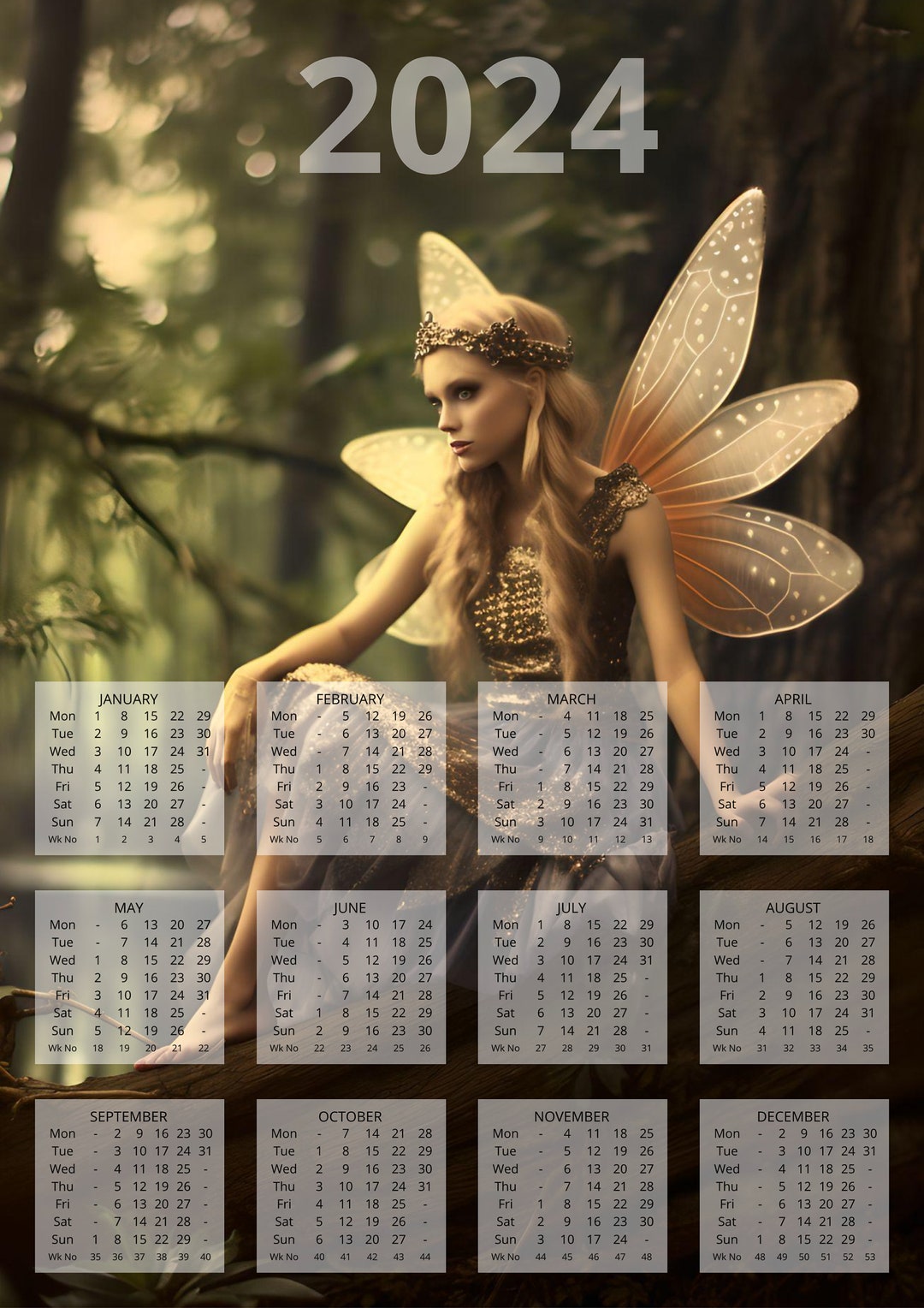 2024 A4 Yearly Calendar Fairy Printable Instant Download Etsy