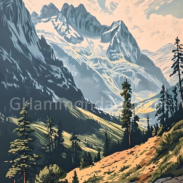 Swiss Alps Wood Block Print Style Painting Switzerland digital print - A3 portrait - PNG file - Digital download