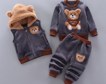 Adorable Bear Clothing Set for Baby Boys and Girls | 3-Piece Fleece Bundle | Thick Fleece | Waistcoat Jumper & Bottoms | Sweatpants | Hoodie