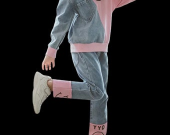 Girls Pink and Yellow Patchwork Denim Tracksuit, Cotton/Polyester Blend, Trendy Kids Fashion, Denim Tracksuit Set, Girls Tracksuit