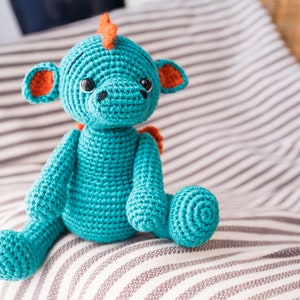 Crochet Green Dragon toy with movable arms and legs amigurumi handmade