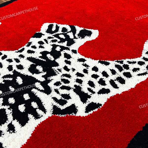 Tapis imprimé animal en laine touffeté à la main, imprimé en forme de léopard, tapis rouge, tapis de zone, tapis personnalisé