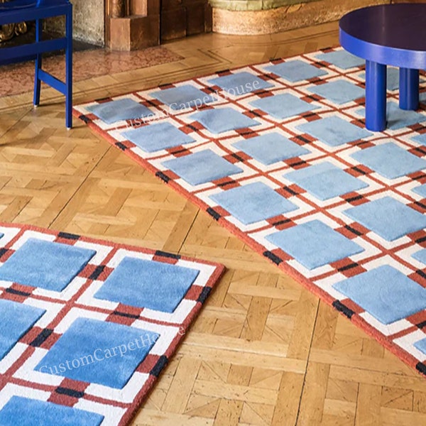 Handgetufteter Teppich in Blau und Kastanienbraun | Geometrische Muster Teppich | Auf Bestellung angefertigter Teppich Handgefertigter Teppich aus Neuseeland Wolle