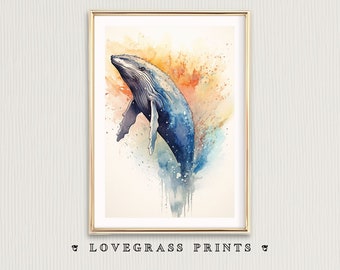 Humpback Whale Printable Art, Nautical Art Prints, Humpback Whale Print, Sea Art, Sea Life Decor, Ocean Art, Whale Download, Nursery Gift