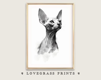 Stampa artistica di gatto senza pelo, decorazione murale con gatto Sphynx, regalo con gatto senza pelo, arte stampabile, stampa artistica di gatto Sphynx, regalo per amanti dei gatti, decorazione murale con gatto