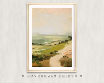 May include: A painting of a landscape with rolling hills, a winding road, and a cloudy sky. The colors are muted and earthy, with shades of green, brown, and white.