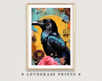 Impresión de arte del cuervo, arte del cuervo, decoración de la pared del cuervo, impresión de arte gótico, arte del cuervo, arte de la pared de la escena de Halloween, Halloween moderno, arte original de Halloween