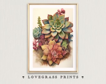 May include: A framed watercolor print featuring a cluster of succulents in shades of green, orange, and pink. The artwork is set against a cream-colored background and framed in a gold-colored frame. The text "LOVEGRASS PRINTS" is printed at the bottom.