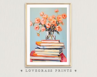 May include: A painting of a bouquet of peach-colored roses in a glass vase on top of a stack of books. The background is a light blue color.