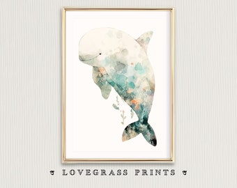 Beluga Whale Digital Art Print, Vintage Whale Art Print, Beluga Art, Nursery Wall Art, Sea Life Art, Whale Decor, Nautical Art, Nursery Gift